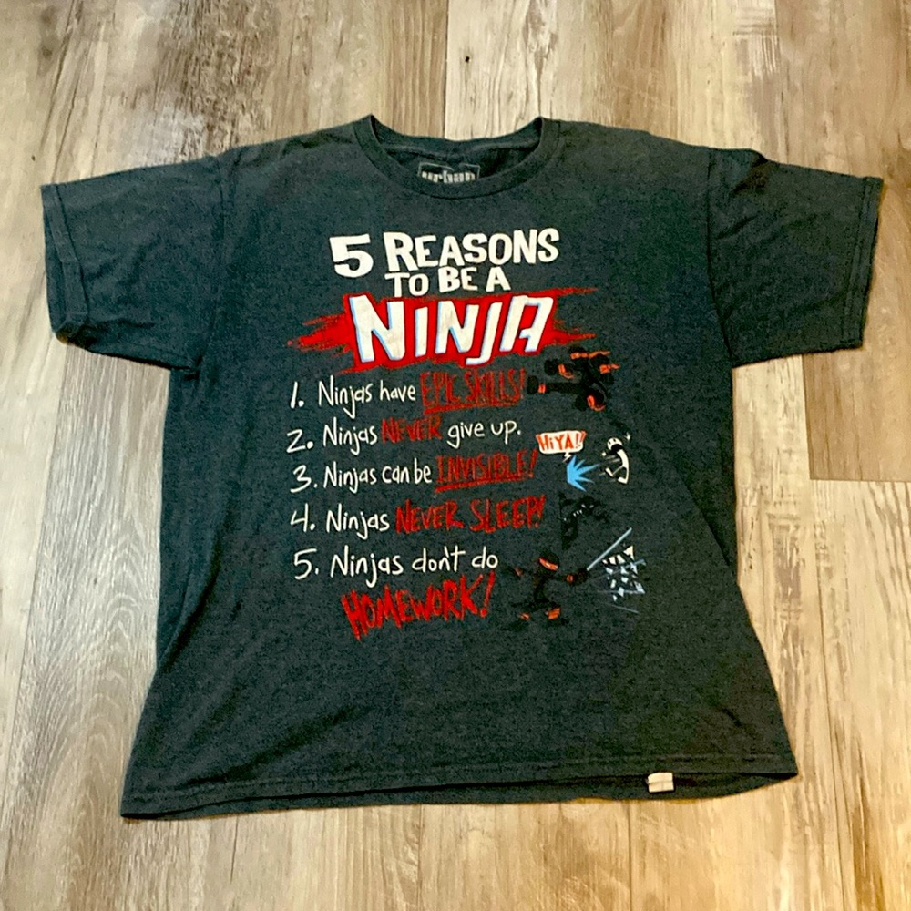 Fun ninja graphic tee for kids, Colors red, white, and red.